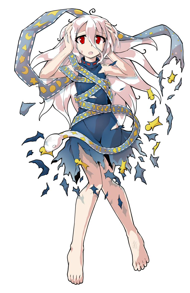 dairi, yuiman asama, fossilized wonders, touhou, commentary request, large variant set, variant set, 1girl, alphes (style), barefoot, blue dress, crescent, defeat, dress, eye of providence, full body, grey hair, hair between eyes, hands up, long hair, long hair between eyes, parody, play button, ribbon around body, sleeveless, sleeveless dress, snake, solo, star (symbol), style parody, tachi-e, torn clothes, torn dress, triangle