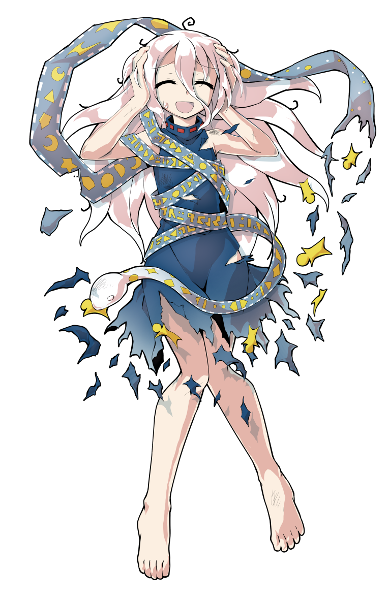 dairi, yuiman asama, fossilized wonders, touhou, commentary request, large variant set, variant set, 1girl, alphes (style), barefoot, blue dress, crescent, defeat, dress, eye of providence, full body, grey hair, hair between eyes, hands up, long hair, long hair between eyes, parody, play button, ribbon around body, sleeveless, sleeveless dress, snake, solo, star (symbol), style parody, tachi-e, torn clothes, torn dress, triangle