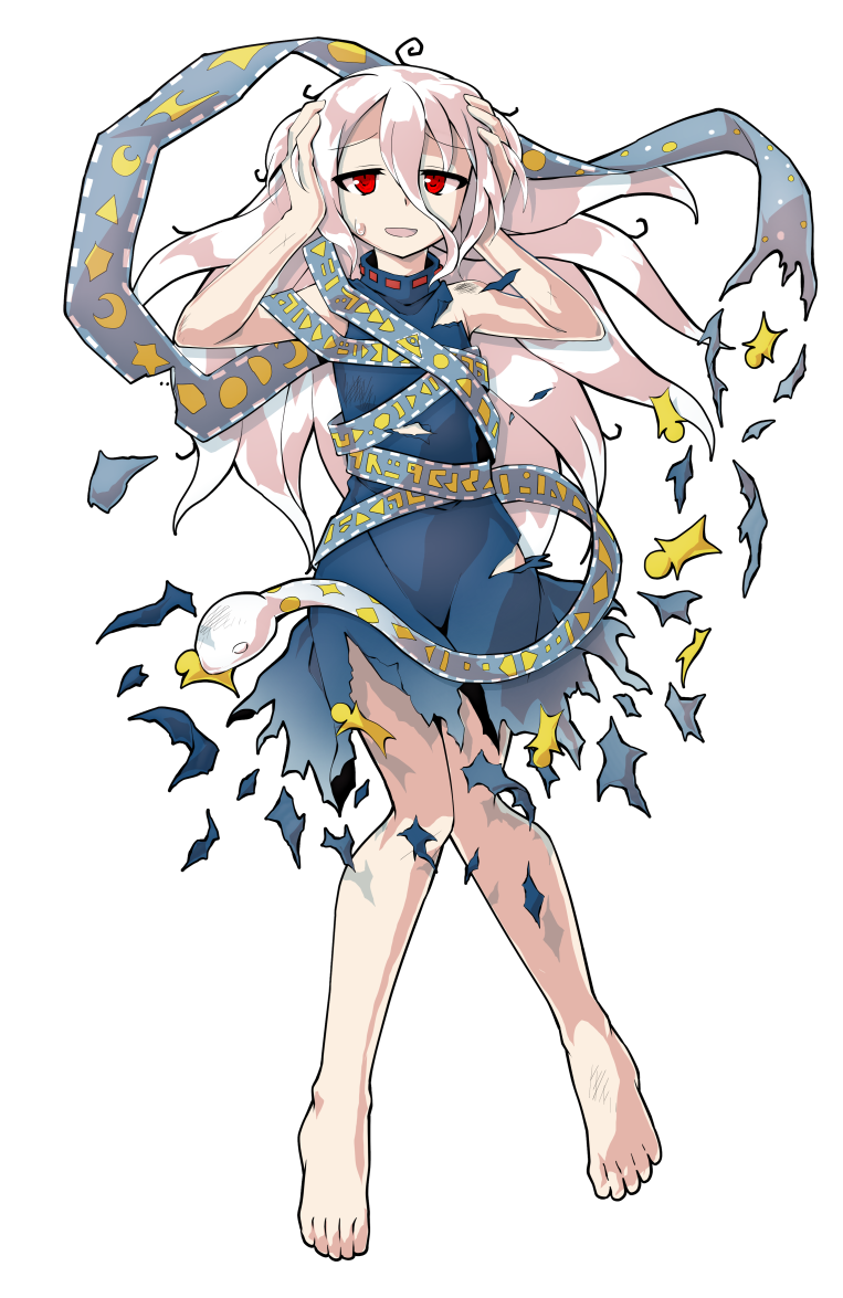 dairi, yuiman asama, fossilized wonders, touhou, commentary request, large variant set, variant set, 1girl, alphes (style), barefoot, blue dress, crescent, defeat, dress, eye of providence, full body, grey hair, hair between eyes, hands up, long hair, long hair between eyes, parody, play button, ribbon around body, sleeveless, sleeveless dress, snake, solo, star (symbol), style parody, tachi-e, torn clothes, torn dress, triangle