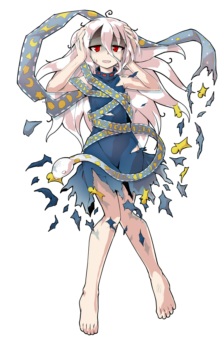dairi, yuiman asama, fossilized wonders, touhou, commentary request, large variant set, variant set, 1girl, alphes (style), barefoot, blue dress, crescent, defeat, dress, eye of providence, full body, grey hair, hair between eyes, hands up, long hair, long hair between eyes, parody, play button, ribbon around body, shaded face, sleeveless, sleeveless dress, snake, solo, star (symbol), style parody, tachi-e, torn clothes, torn dress, triangle