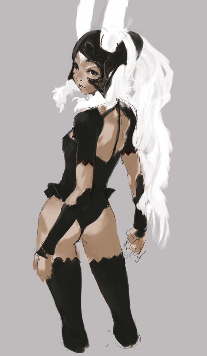 kawata hisashi, fran (ff12), final fantasy, final fantasy xii, highres, 00s, 1girl, animal ears, ass, dark-skinned female, dark skin, female focus, helmet, looking back, rabbit ears, solo, thighhighs, viera, white hair