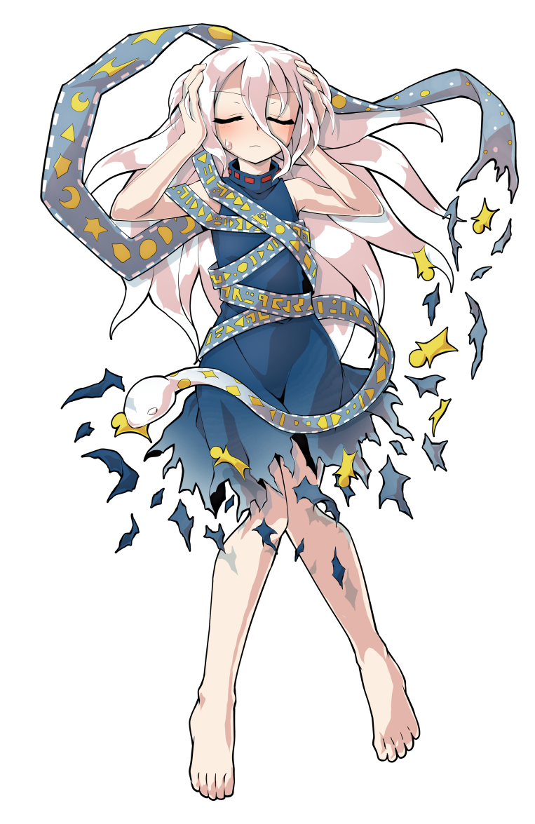 dairi, yuiman asama, fossilized wonders, touhou, commentary request, large variant set, variant set, 1girl, alphes (style), barefoot, blue dress, blush, crescent, dress, eye of providence, full body, grey hair, hair between eyes, hands up, long hair, long hair between eyes, parody, play button, ribbon around body, sleeveless, sleeveless dress, snake, solo, star (symbol), style parody, tachi-e, torn clothes, torn dress, triangle