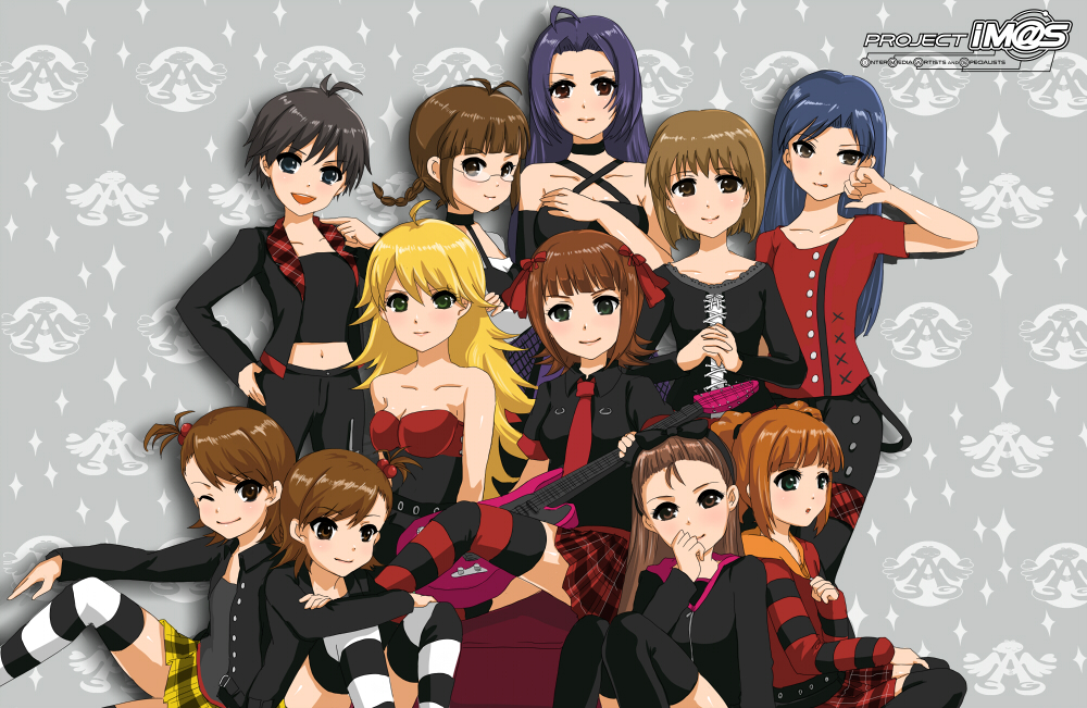 masaki (celesta), akizuki ritsuko, amami haruka, futami ami, futami mami, hagiwara yukiho, hoshii miki, kikuchi makoto, kisaragi chihaya, minase iori, miura azusa, takatsuki yayoi, idolmaster, idolmaster (classic), striped, bad id, bad pixiv id, 00s, 6+girls, everyone, guitar, instrument, looking at viewer, multiple girls, one eye closed, pantyhose, punkish gothic, siblings, sisters, sitting, skirt, standing, thighhighs, twins, wink