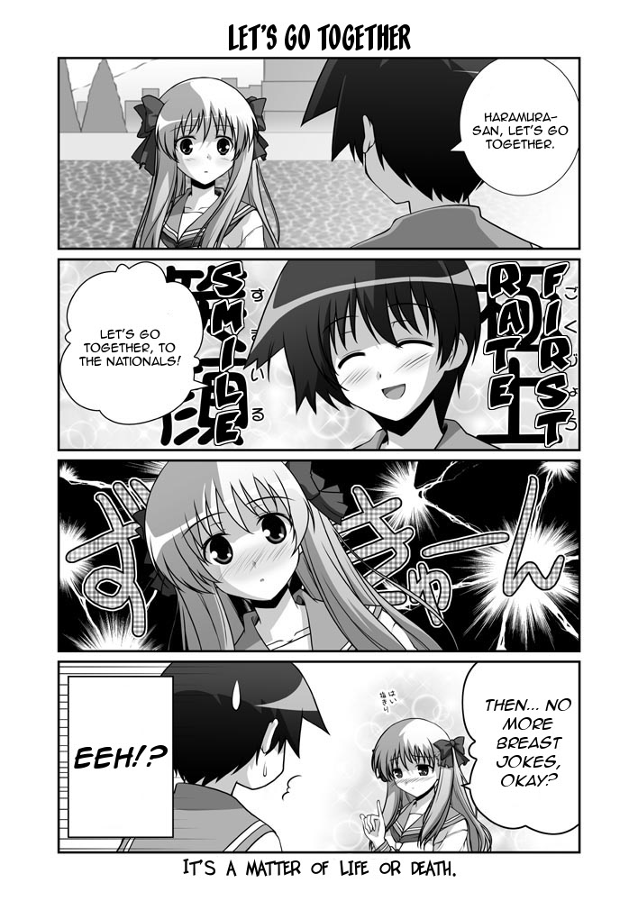 mikage takashi, haramura nodoka, miyanaga saki, saki (manga), hard-translated, third-party edit, translated, 00s, 4koma, comic, english text, greyscale, monochrome, school uniform, serafuku