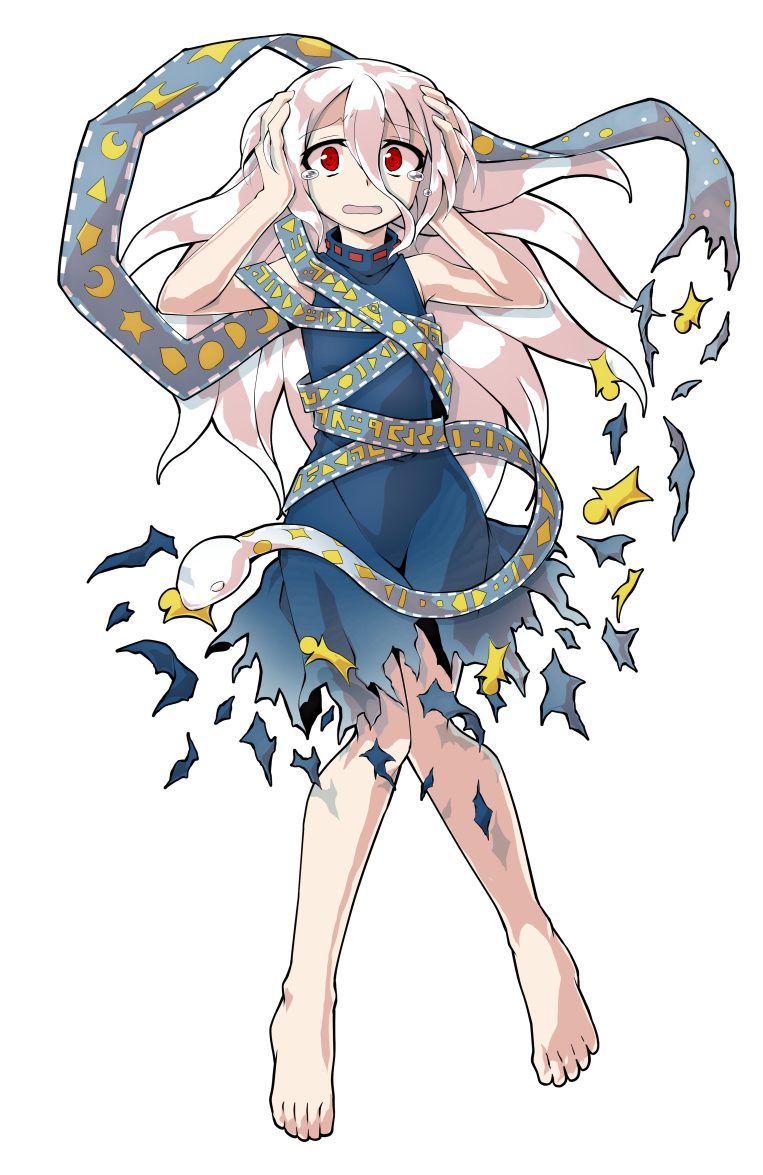 dairi, yuiman asama, fossilized wonders, touhou, commentary request, large variant set, variant set, 1girl, alphes (style), barefoot, blue dress, crescent, dress, eye of providence, full body, grey hair, hair between eyes, hands up, long hair, long hair between eyes, parody, play button, ribbon around body, sleeveless, sleeveless dress, snake, solo, star (symbol), style parody, tachi-e, torn clothes, torn dress, triangle