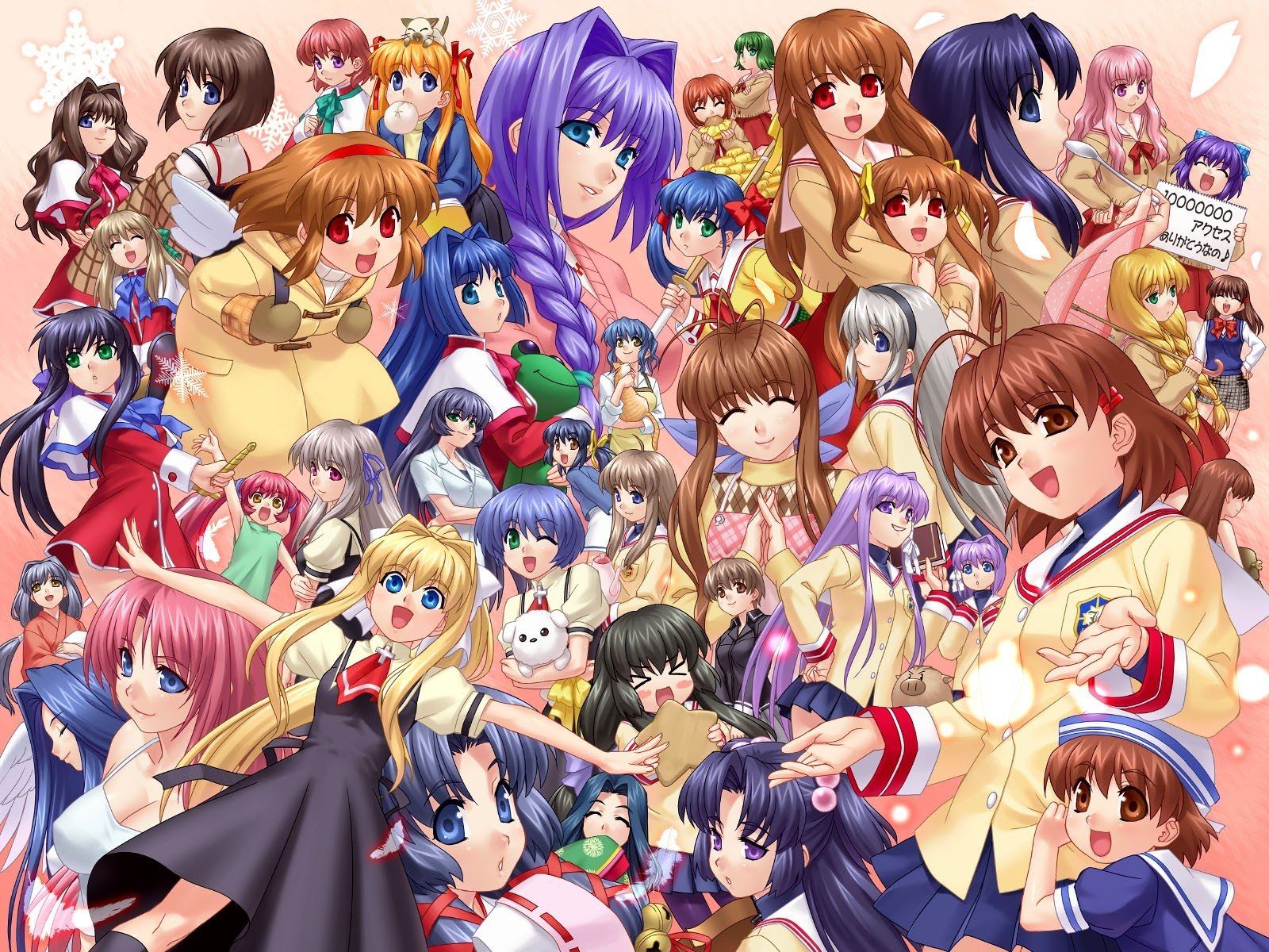 zen, fujibayashi kyou, fujibayashi ryou, furukawa nagisa, ibuki fuuko, ichinose kotomi, kamio haruko, kamio misuzu, kawasumi mai, kirishima kano, kunisaki yukito, kurata sayuri, michiru (air), minase akiko, minase nayuki, misaka shiori, okazaki tomoya, okazaki ushio, sakagami tomoyo, sawatari makoto, shiina mayu, shiina mayu (one), toono minagi, tsukimiya ayu, air (visual novel), clannad, kanon, key (company), highres, jpeg artifacts, non-web source, 00s, 6+girls, company connection, everyone, hair intakes, multiple girls, school uniform, siblings, sisters, twins