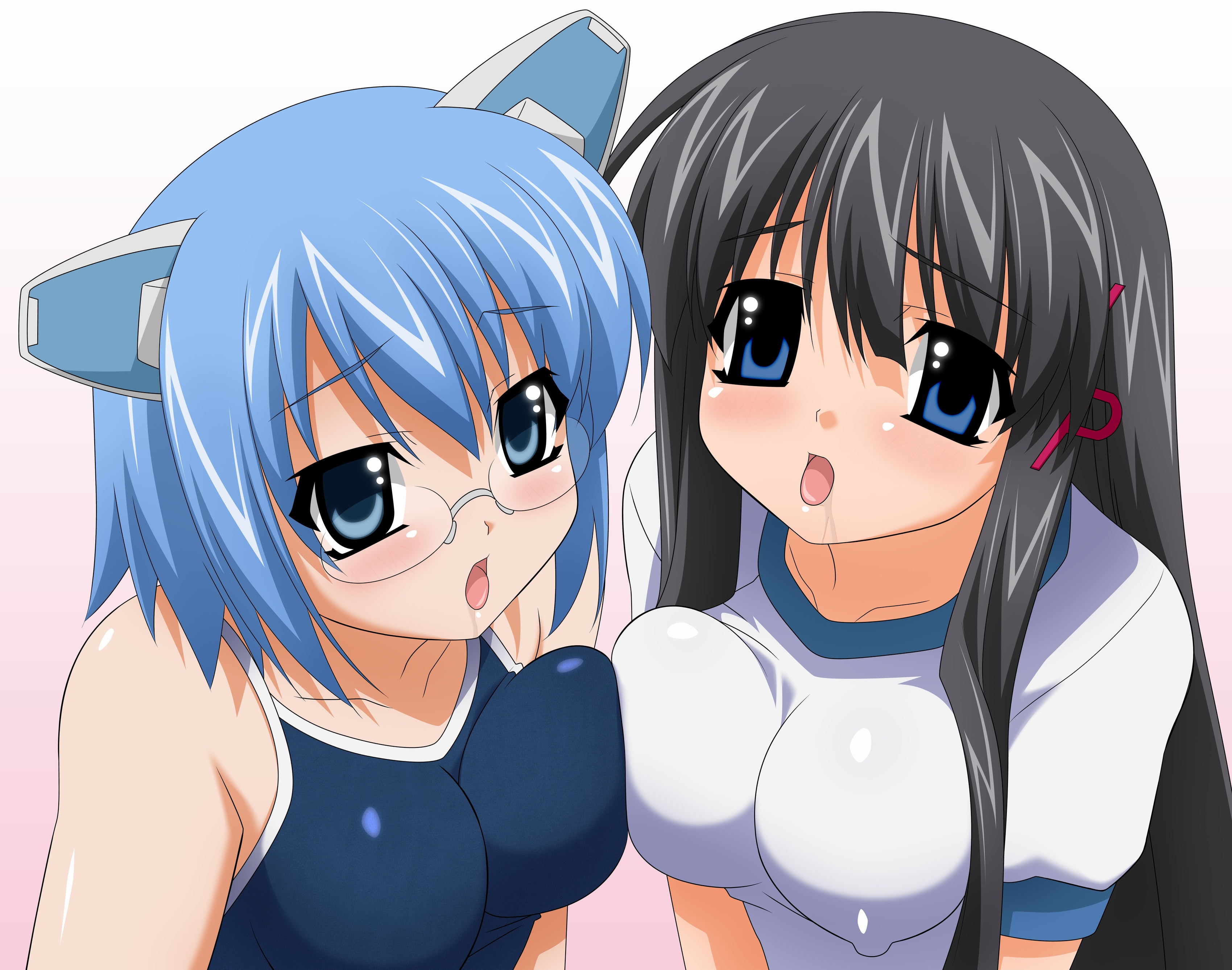 sugimura tomokazu, 2k-tan, xp-tan, os-tan, absurdres, highres, 2girls, breast press, breasts, competition school swimsuit, glasses, gym uniform, large breasts, multiple girls, one-piece swimsuit, school swimsuit, swimsuit, symmetrical docking, yuri