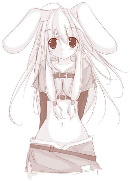 hunter (ragnarok online), ragnarok online, 1girl, animal ears, belt, brown theme, female focus, hunter, long hair, midriff, monochrome, navel, rabbit ears, short shorts, shorts, smile, solo