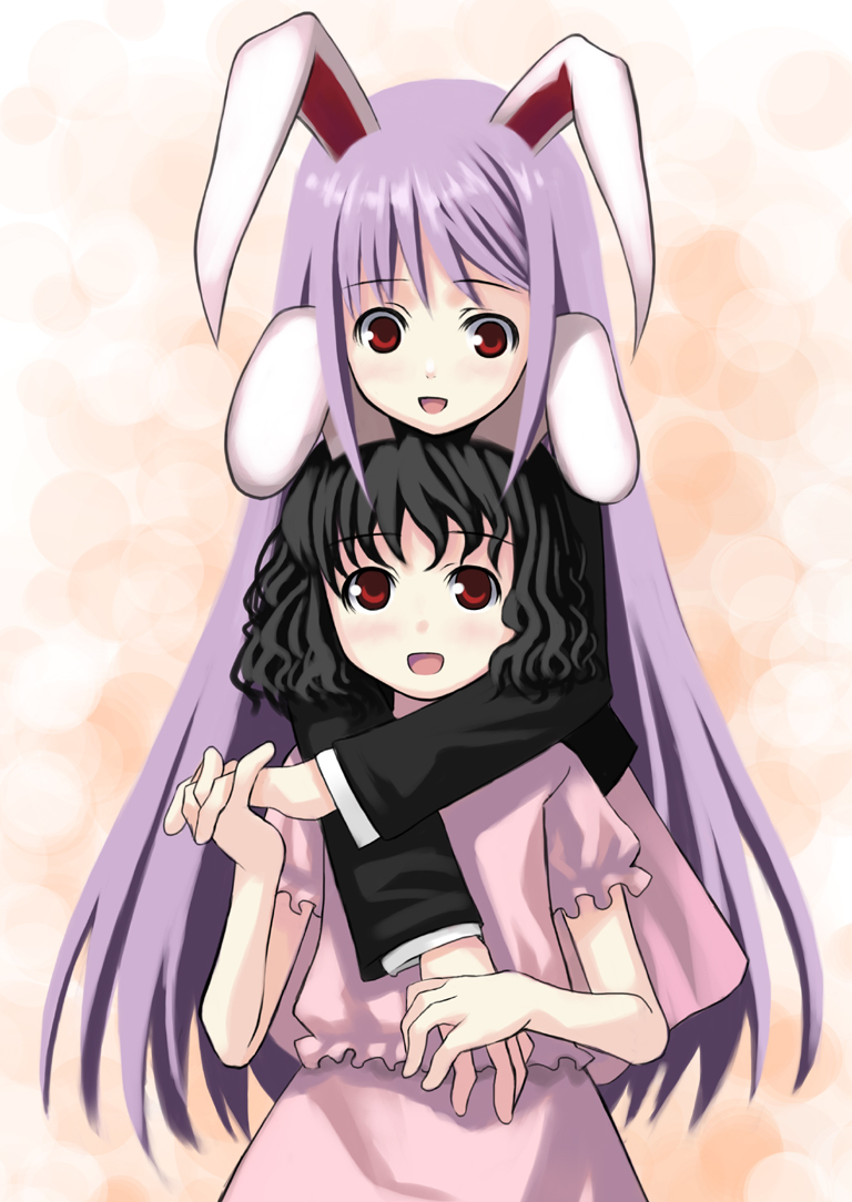 kagura mizuki, toshihiro, inaba tewi, reisen udongein inaba, touhou, 2girls, animal ears, black hair, dress, female focus, holding hands, hug, hug from behind, long hair, multiple girls, purple hair, rabbit ears, red eyes, short hair, wavy hair