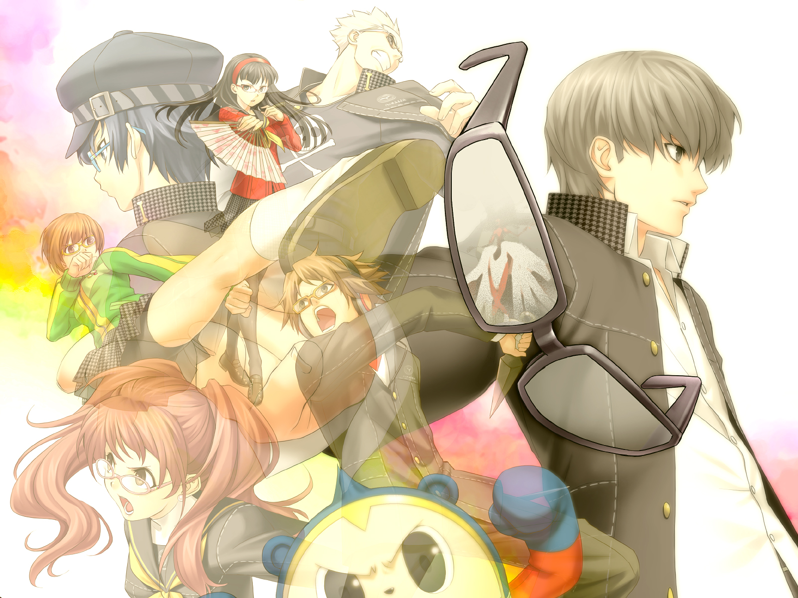 zen, amagi yukiko, hanamura yousuke, izanami (persona), kujikawa rise, kuma (persona 4), narukami yu, satonaka chie, shirogane naoto, tatsumi kanji, atlus, persona, persona 4, highres, 3boys, 4girls, androgynous, bear, bike shorts, black hair, blue hair, brown eyes, brown hair, everyone, fighting stance, glasses, grey eyes, grey hair, hand fan, hat, headband, houndstooth, kicking, long hair, multiple boys, multiple girls, newsboy cap, pantyhose, pink-framed eyewear, pink hair, reverse trap, school uniform, serafuku, short hair, skirt, skull, tomboy, twintails