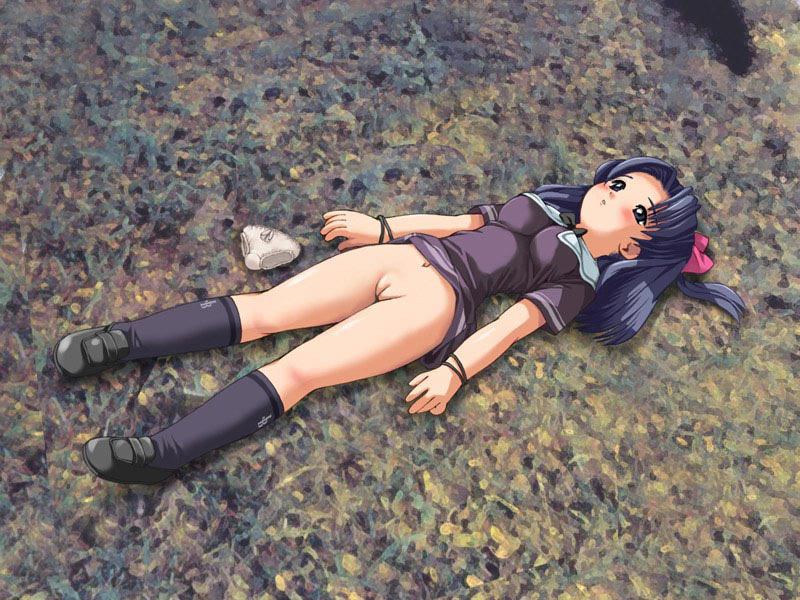 togusa masamu, nikaime, aged down, black eyes, black hair, blush, bottomless, breasts, cleft of venus, dress, hair ribbon, large breasts, lying, navel, panties, pussy, ribbon, shoes, socks, thighs, uncensored, underwear, white panties