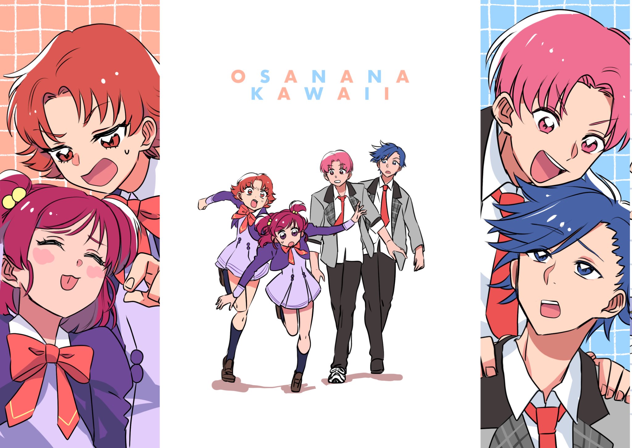 buntatta, natsuki rin, yumehara nozomi, dancing star precure, precure, yes! precure 5, highres, 2boys, 2girls, :p, black pants, black socks, blazer, blue eyes, blue hair, closed eyes, collared shirt, curtained hair, dress, full body, hands on another's shoulders, hoshikawa gaku, jacket, kneehighs, l'ecole des cinq lumieres school uniform, looking at another, looking down, multiple boys, multiple girls, natsume hayato, necktie, open mouth, pants, pink eyes, pink hair, purple dress, purple eyes, purple jacket, red eyes, red hair, red necktie, red ribbon, ribbon, school uniform, shirt, short hair, socks, tongue, tongue out, two side up, upper body, white shirt