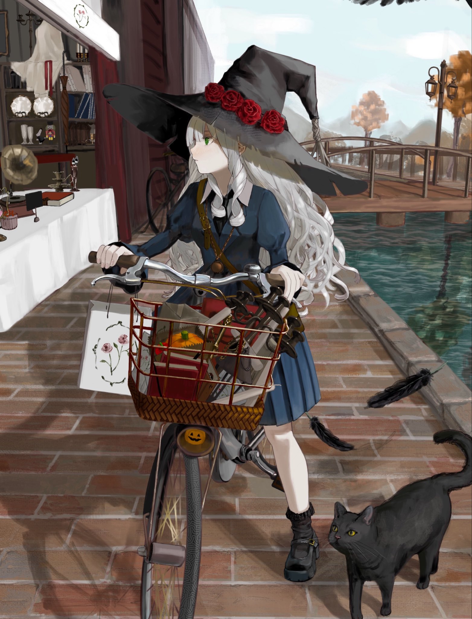 original, highres, 1girl, amazu (uzu amazu), bag, bicycle, black cat, black hat, black shoes, black socks, blue dress, bridge, cat, day, dress, flower, green eyes, grey hair, hat, hat flower, long hair, long sleeves, looking to the side, outdoors, red flower, red rose, riding, riding bicycle, rose, shoes, shopping bag, socks, water, witch hat
