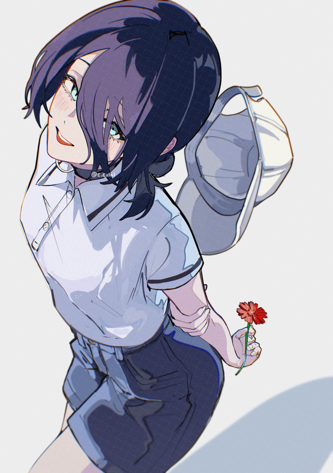 c cutai, reze (chainsaw man), chainsaw man, highres, 1girl, arms behind back, baseball cap, black choker, blue eyes, blue shorts, choker, flower, grenade pin, hat, holding, holding flower, looking at viewer, open mouth, polo shirt, purple hair, red flower, shirt, shirt tucked in, shorts, solo, white background, white shirt