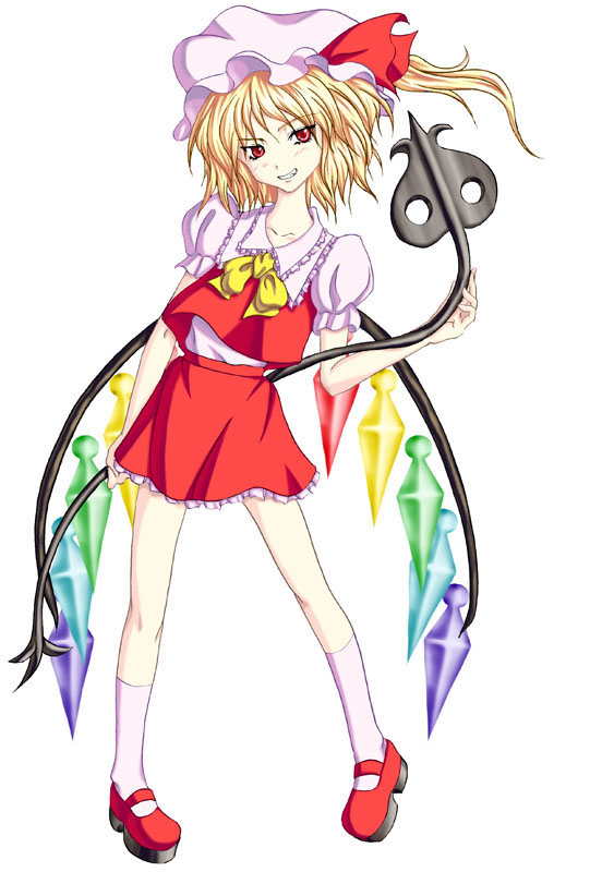 ichima (artist), ichima nanase, flandre scarlet, touhou, 1girl, blonde hair, female focus, hat, laevatein, ponytail, red eyes, short hair, side ponytail, socks, solo, wings