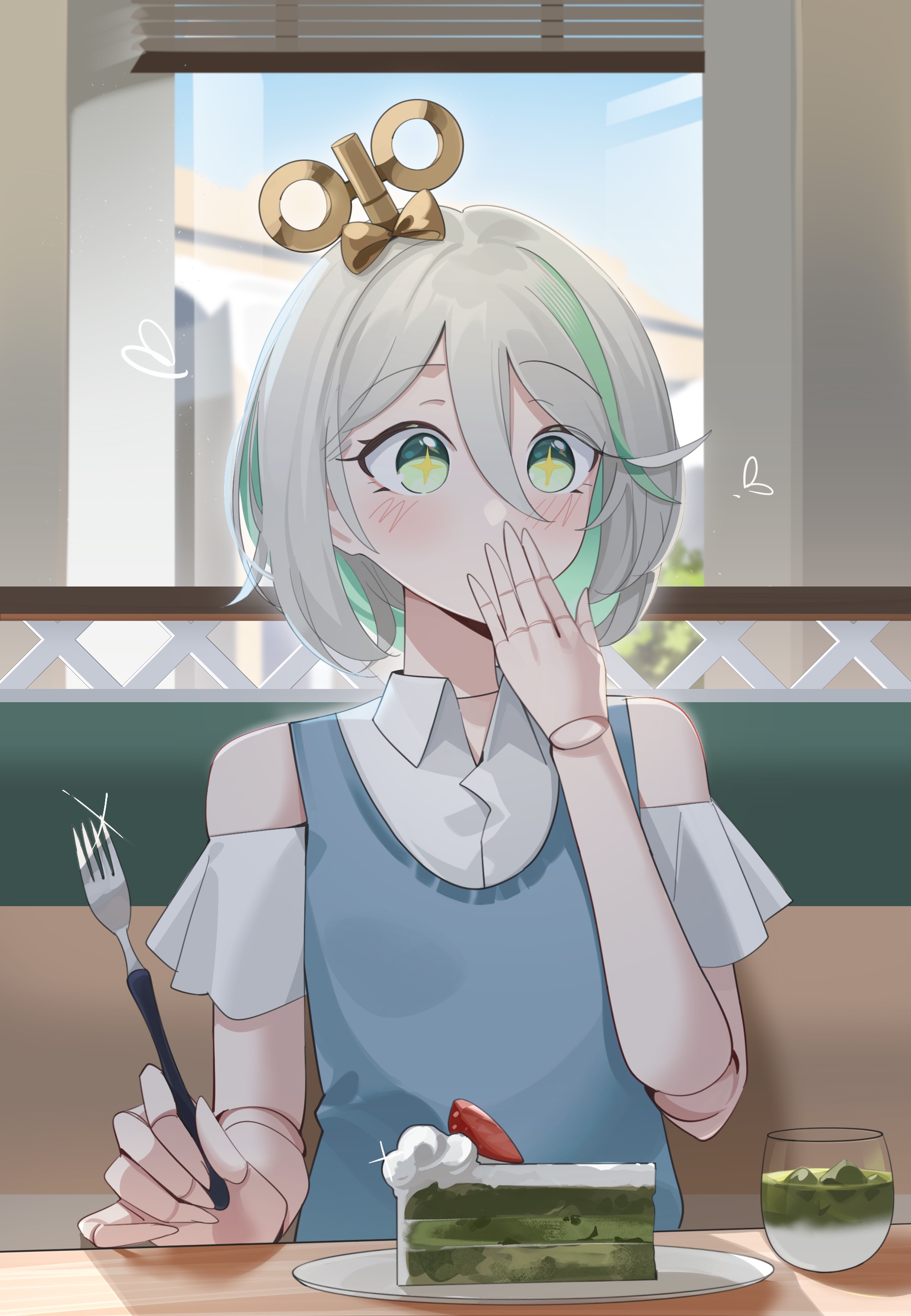 jimo 0074, cecilia immergreen, hololive, hololive english, absurdres, highres, 1girl, blue sweater vest, cake, cake slice, collared shirt, covering own mouth, cup, doll joints, eating, food, fork, gradient hair, green eyes, green hair, grey hair, holding, holding fork, indoors, joints, multicolored hair, plate, shirt, solo, sweater vest, virtual youtuber, white shirt, wide-eyed, window