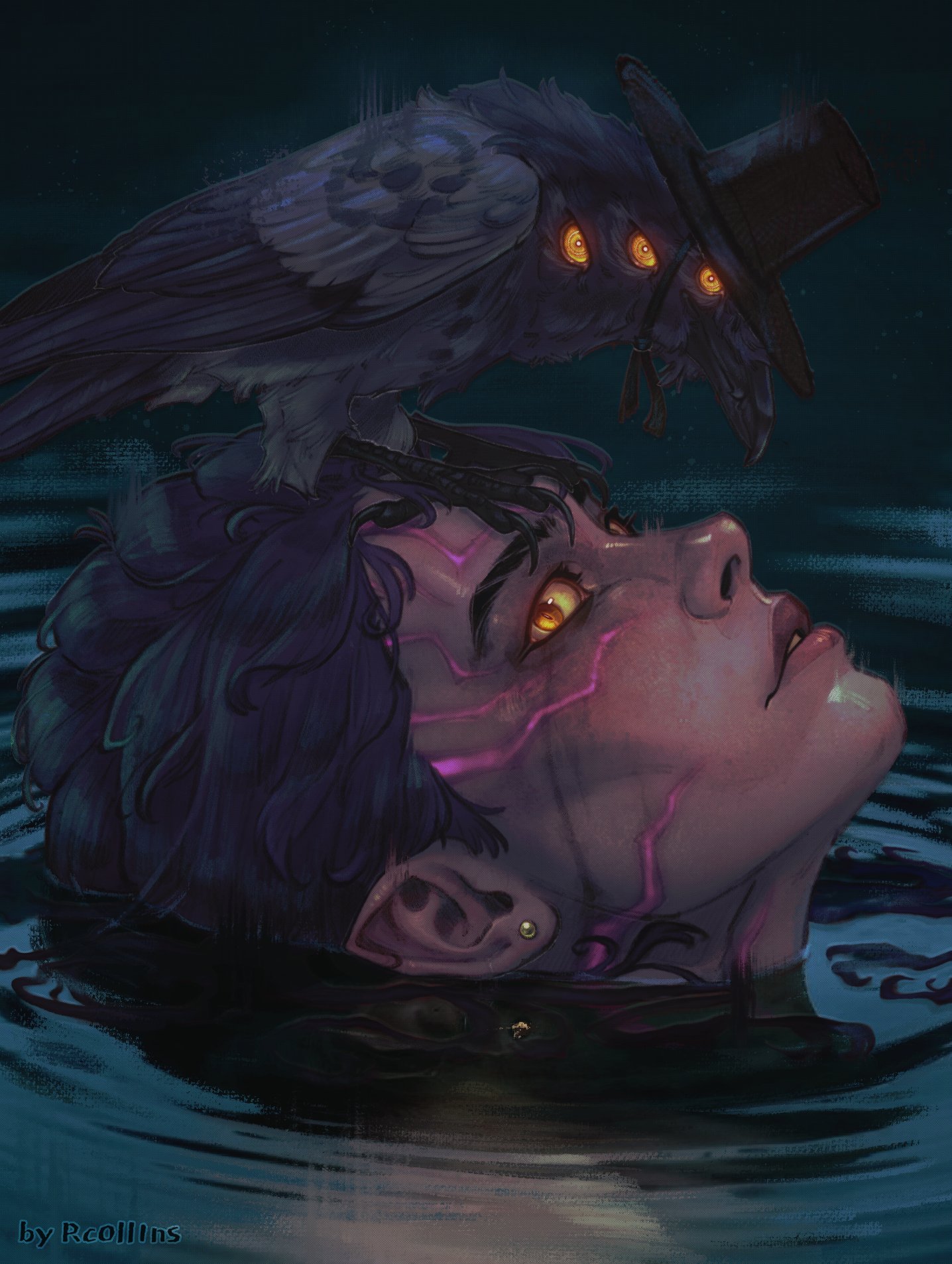 rumi (kpop demon hunters), sussie (kpop demon hunters), kpop demon hunters, highres, 1girl, bird, black hat, body markings, crow, demon girl, extra eyes, hat, pointy ears, purple hair, rc0ll1ns, slit pupils, water, yellow eyes