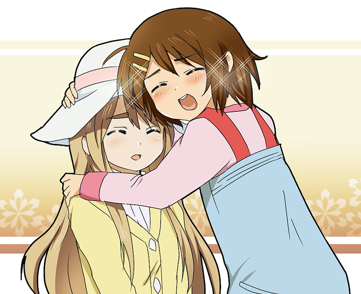 meru, hirasawa yui, kotobuki tsumugi, k-on!, 00s, 2girls, blonde hair, brown hair, hat, hug, long hair, multiple girls, short hair, sparkle