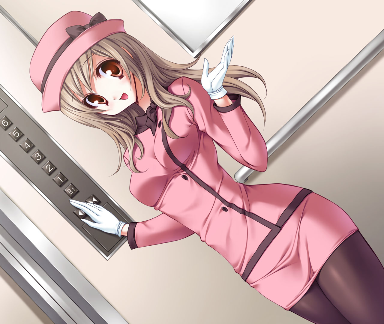 yukiwo, uniform, 1girl, blush, brown eyes, brown hair, dutch angle, elevator, elevator operator, female focus, gloves, hat, hat ribbon, hip focus, long hair, open mouth, pantyhose, ribbon, skinny, slender, smile, solo, tareme