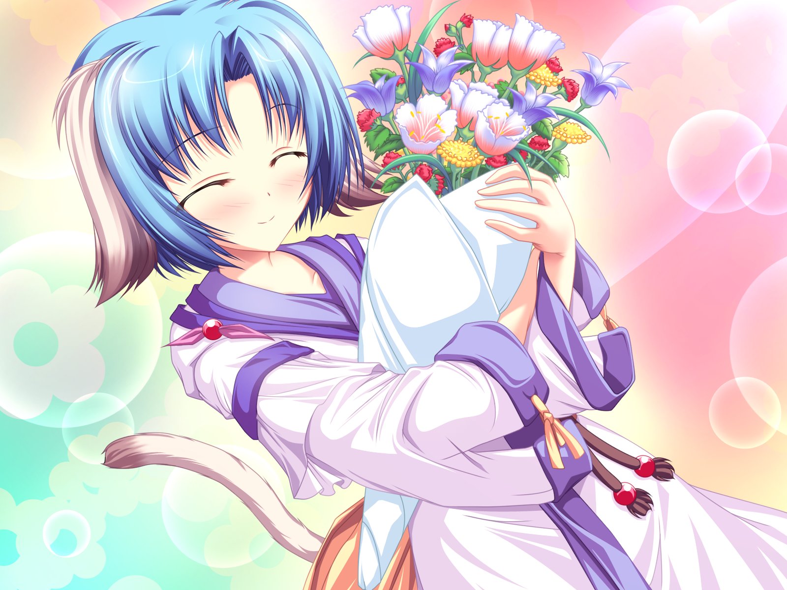 tenmaso, haruhi sarasa, inakoi, game cg, highres, 1girl, animal ears, blue hair, blush, bouquet, closed eyes, female focus, flower, short hair, smile, solo, tail