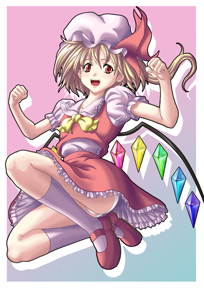 ichima (artist), ichima nanase, flandre scarlet, touhou, 1girl, blonde hair, fangs, female focus, hat, panties, pantyshot, red eyes, short hair, socks, solo, underwear, wings