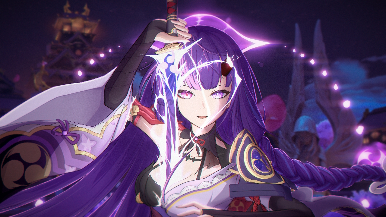 raiden mei, raiden mei (herrscher of thunder), raiden shogun, sawashiro miyuki, genshin impact, honkai (series), honkai impact 3rd, screencap, 13901365, 1girl, alternate costume, alternate hairstyle, alternate universe, architecture, arm up, armor, asymmetrical sleeves, blurry, blurry background, braid, breasts, bridal gauntlets, character transformation, cleavage, clothing cutout, drawing sword, east asian architecture, electricity, electro symbol (genshin impact), game screenshot background, glowing, glowing eyes, glowing sword, glowing weapon, hair down, hair ribbon, heterochromia, holding, holding sword, holding weapon, horns, human scabbard, in-franchise crossover, inazuma city, japanese clothes, kimono, large breasts, long braid, looking at viewer, mitsudomoe (shape), multicolored hair, musou isshin (genshin impact), neck ribbon, night, night sky, official alternate costume, open mouth, outdoors, purple hair, purple kimono, purple ribbon, red horns, ribbon, screenshot background, shade, shadow, shoulder armor, shoulder cutout, single braid, sky, solo, statue, statue of the seven, streaked hair, sword, sword between breasts, tomoe (symbol), transformation, transforming clothes, uneven sleeves, upper body, voice actor connection, weapon, wide sleeves