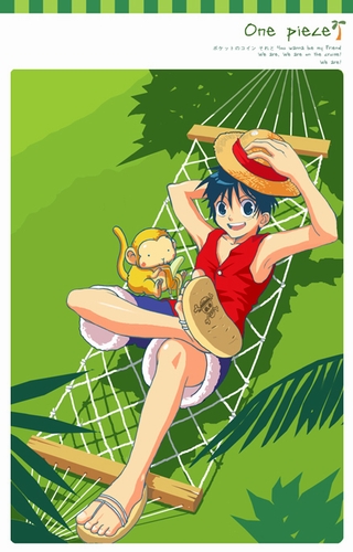 milktea (aoiexk), monkey d. luffy, one piece, archived source, commentary request, korean commentary, lowres, photoshop (medium), 1boy, banana, banana peel, black eyes, black hair, blue shorts, bone print, border, collarbone, copyright name, crossed legs, food, fruit, green theme, hammock, hat, holding, holding food, leaf, looking at viewer, lying, male focus, monkey, on back, on hammock, open mouth, print sandals, red vest, sandals, shade, short hair, shorts, sitting, skull and crossbones, skull print, solid eyes, solo focus, straw hat, teeth, toenails, toes, tongue, upper teeth only, vest, white border, yellow fur, yellow hat, yellow sandals, yellow tail