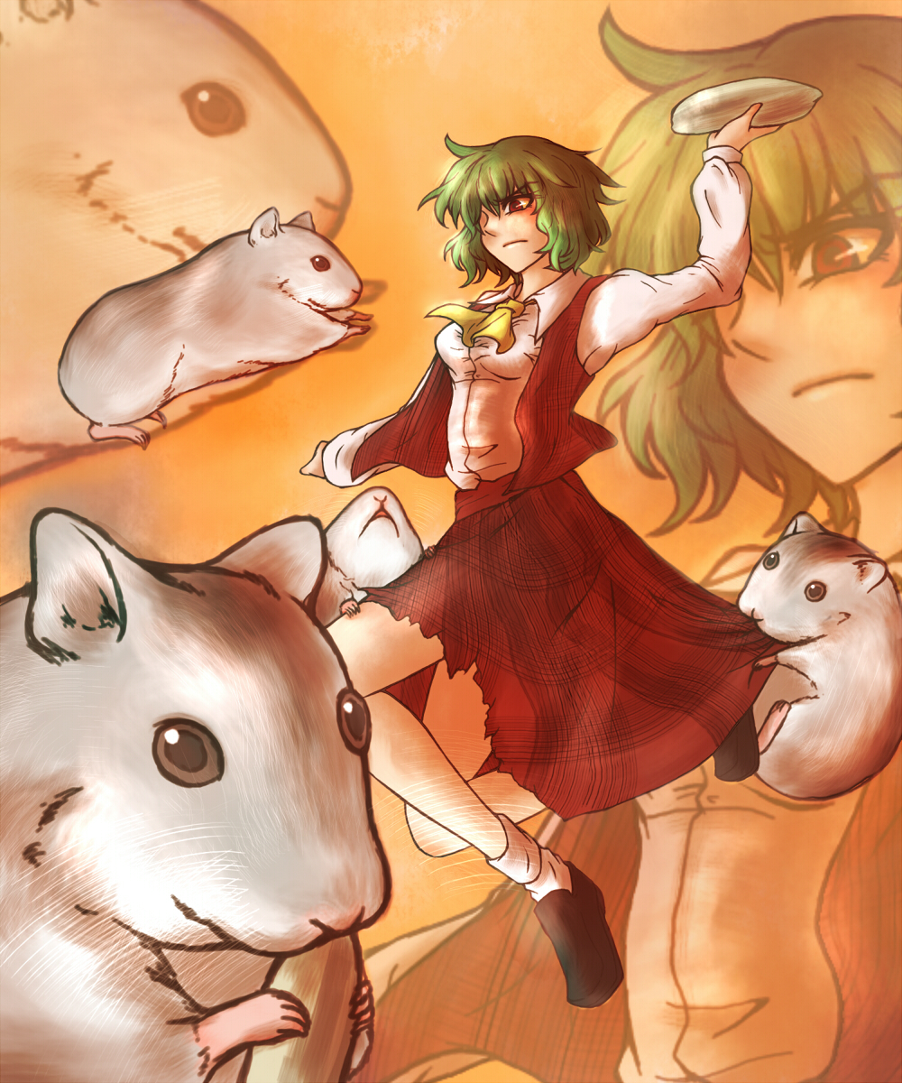 chikin watanabe raisu, kazami yuuka, touhou, highres, 1girl, animal, arm up, ascot, breasts, female focus, food, frown, green hair, hamster, medium breasts, mini person, minigirl, plaid clothes, plaid skirt, plaid vest, red eyes, seed, short hair, skirt, skirt set, solo, torn clothes, vest, zoom layer