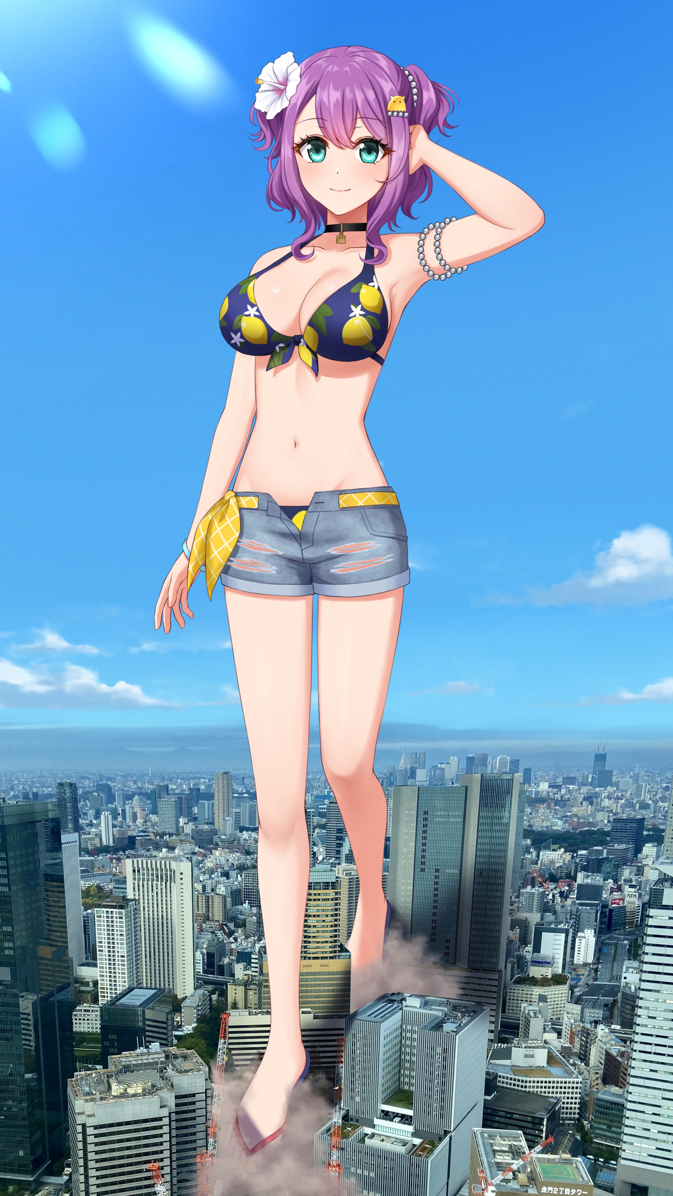 numaguro (tomokun0808), hidaka saori, d4dj, absurdres, commission, highres, skeb commission, bikini, bikini under clothes, bracelet, choker, cloud, denim, denim shorts, flip-flops, flower, giant, giantess, hair flower, hair ornament, jewelry, navel, photo background, purple hair, real world location, sandals, short shorts, shorts, sidelocks, smile, stomach, swimsuit, yellow nails