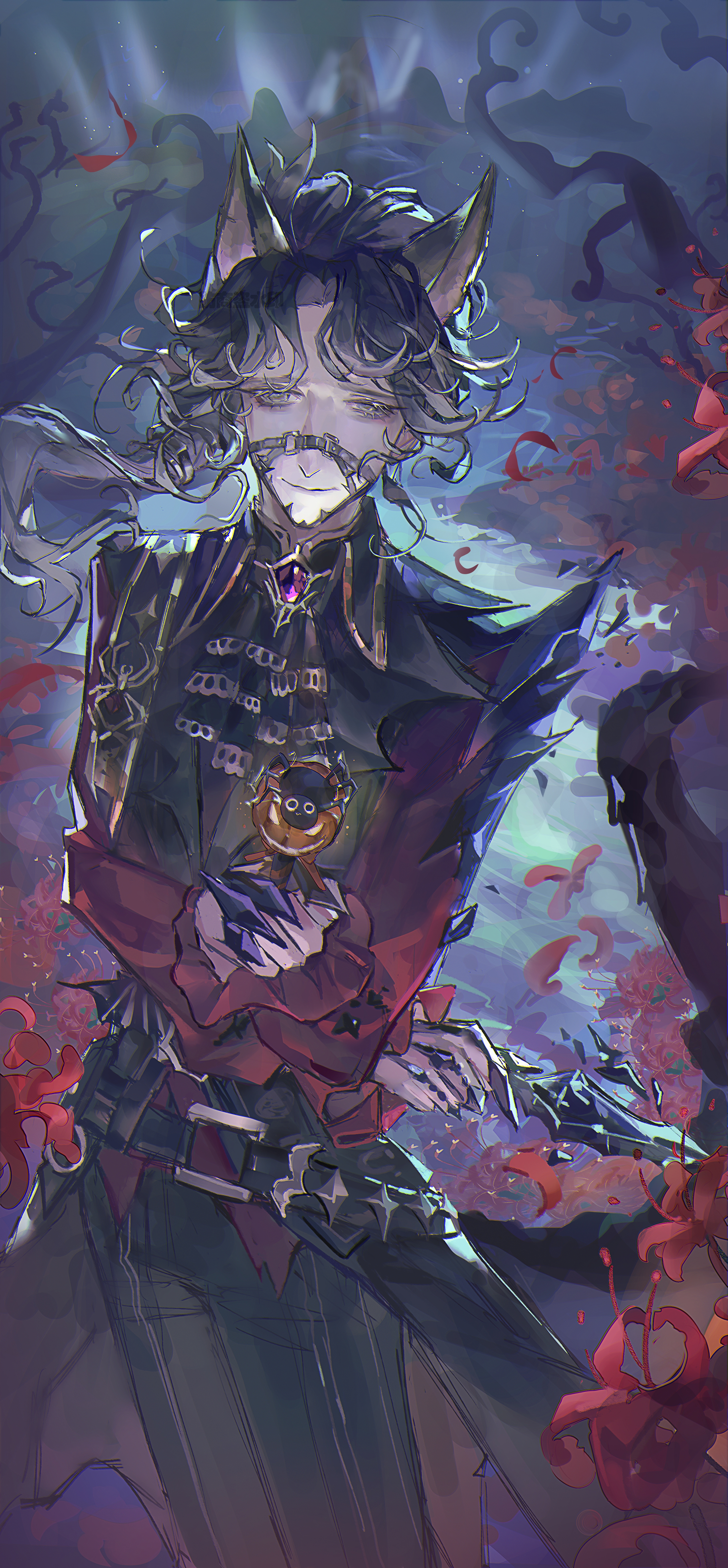 frederick kreiburg (umber), identity v, absurdres, flower request, highres, 1boy, animal ears, ascot, backlighting, belt, black ascot, black belt, black pants, black vest, bug, candy, claws, cloudtuan, cowboy shot, curly hair, eyelashes, floating hair, flower, food, frederick kreiburg, frilled sleeves, frills, gem, gold trim, grey eyes, grey hair, hair intakes, half-closed eyes, holding, holding candy, holding food, holding lollipop, lollipop, looking at viewer, low ponytail, male focus, official alternate costume, pants, ponytail, purple gemstone, red flower, red shirt, shirt, smile, solo, spider, vest, wavy hair, wolf ears