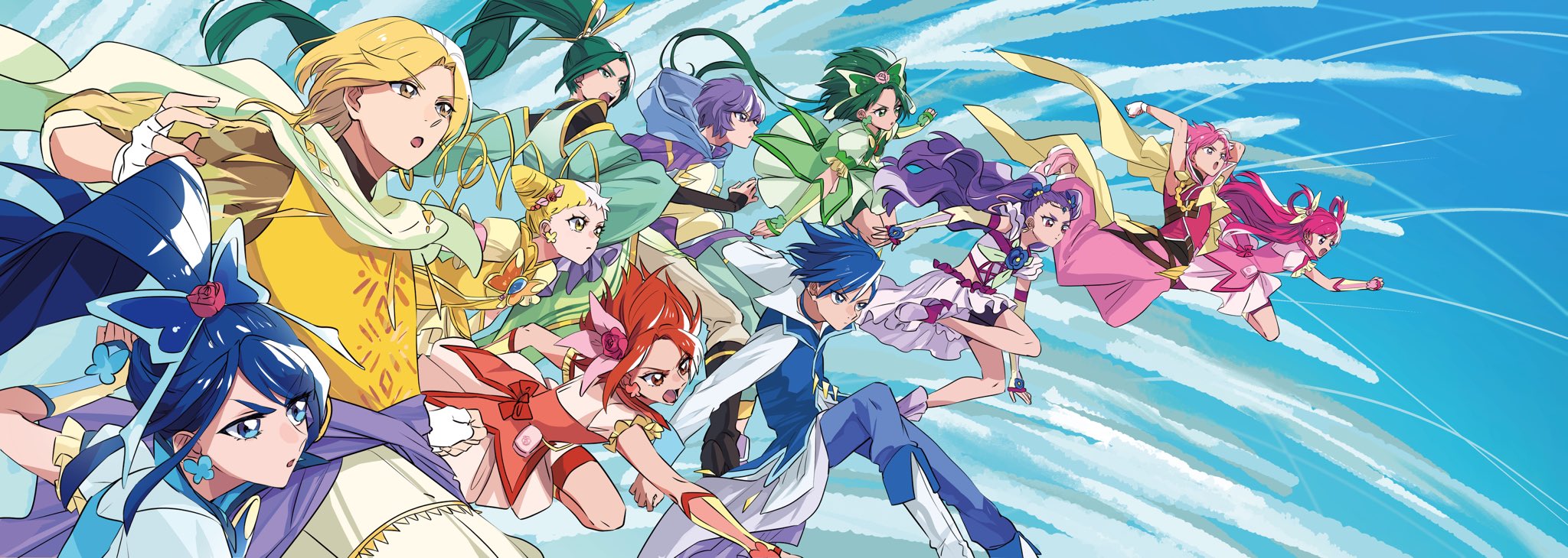 buntatta, akimoto komachi, cure aqua, cure dream, cure lemonade, cure mint, cure rouge, kasugano urara (yes! precure 5), milky rose, mimino kurumi, minazuki karen, natsuki rin, yumehara nozomi, dancing star precure, precure, yes! precure 5, yes! precure 5 gogo!, highres, 5boys, 6+girls, :o, asymmetrical bangs, baggy pants, blonde hair, blue dress, blue eyes, blue hair, blue sky, blue wrist cuffs, boots, butterfly brooch, butterfly earrings, butterfly hair ornament, cape, collared shirt, cone hair bun, cure break, cure kagura, cure lock, cure soul, cure top, double bun, dress, earrings, flower, green cape, green dress, green hair, hair bun, hair flower, hair ornament, high ponytail, hoshikawa gaku, jewelry, kurose maito, long hair, long sleeves, magical girl, multiple boys, multiple girls, natsume hayato, pants, pink dress, pink eyes, pink hair, ponytail, puffy short sleeves, puffy sleeves, purple eyes, purple hair, red dress, shirt, short bangs, short hair, short sleeves, sky, tengen kouga, tsukimiya sasana, very long hair, white boots, white pants, white shirt, wrist cuffs, yellow dress