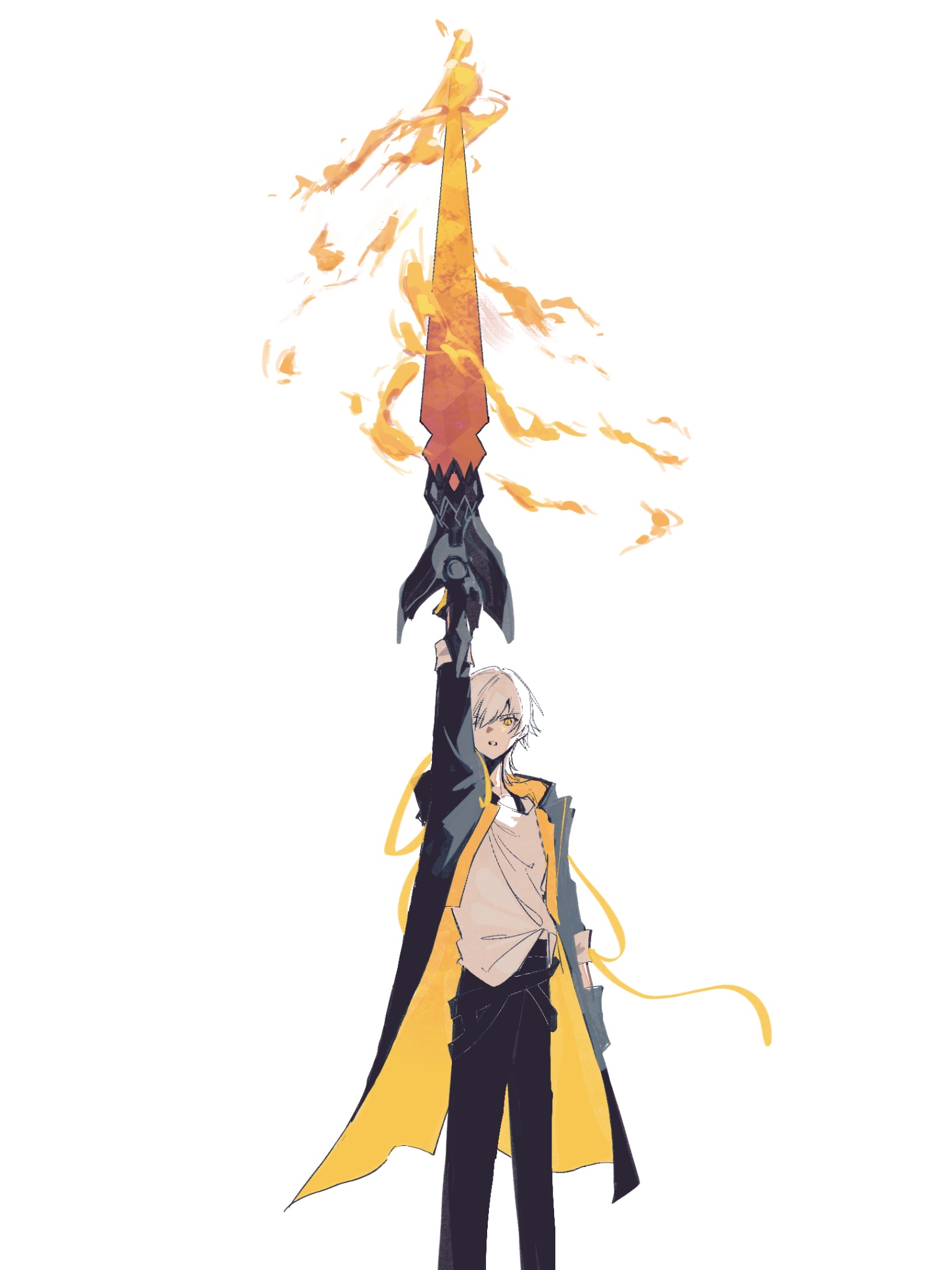 caelus (honkai: star rail), trailblazer (honkai: star rail), honkai: star rail, honkai (series), highres, 1boy, 32c1ff, arm up, black coat, black gloves, black pants, coat, cowboy shot, fingerless gloves, fire, gloves, grey hair, hair between eyes, holding, holding sword, holding weapon, hood, hooded coat, lapels, long sleeves, looking at viewer, male focus, open clothes, open coat, pants, shirt, short hair, simple background, solo, standing, sword, t-shirt, teeth, two-sided coat, two-sided fabric, v-shaped eyebrows, weapon, white background, white shirt, yellow coat, yellow eyes