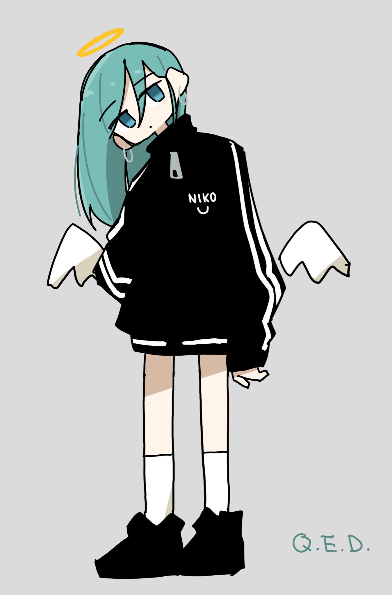 tokiwa (914), original, highres, angel, angel wings, aqua hair, black jacket, black shoes, blue eyes, earrings, full body, grey background, halo, head tilt, hoop earrings, jacket, jewelry, long hair, long sleeves, looking at viewer, shoes, simple background, socks, standing, track jacket, traditional halo, white socks, white wings, wings, zipper pull tab