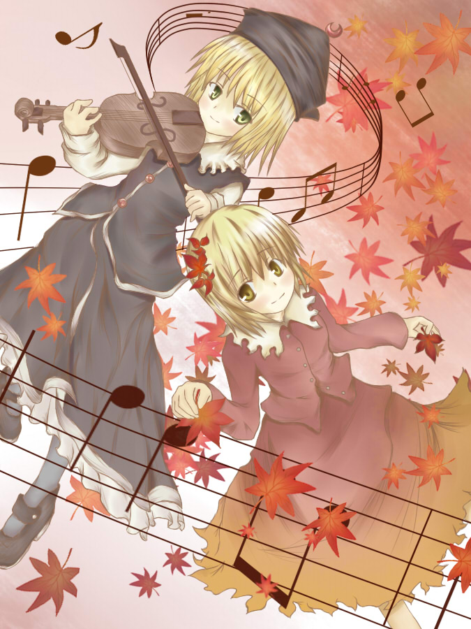 romi, aki shizuha, lunasa prismriver, touhou, 2girls, blonde hair, crescent, female focus, hat, instrument, leaf, multiple girls, musical note, short hair, skirt, skirt set, smile, violin, yellow eyes