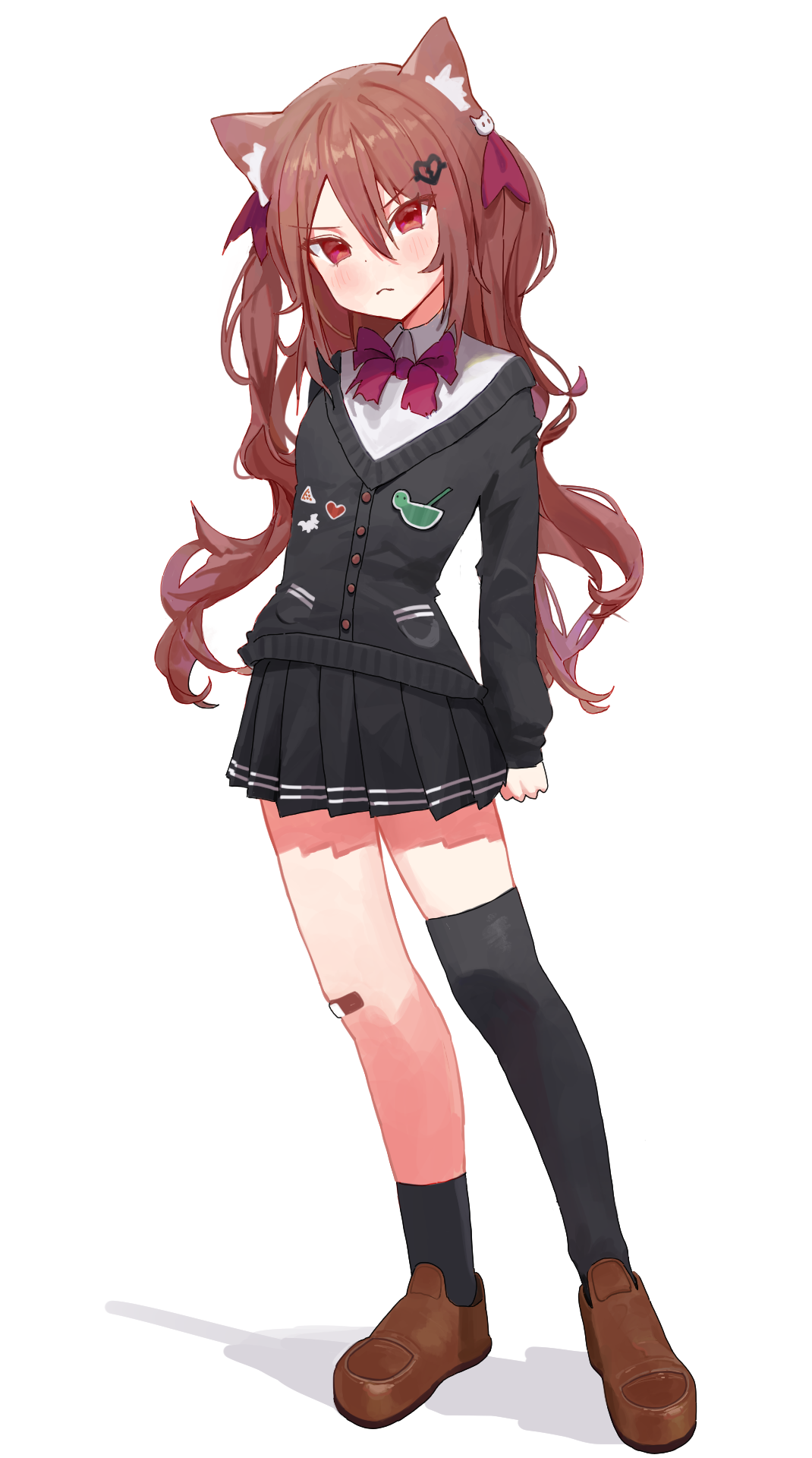 evil neuro-sama, neuro-sama, original, commentary, english commentary, highres, 1girl, animal ears, asymmetrical legwear, black skirt, black socks, black thighhighs, bow, bowtie, broken heart, broken heart hair ornament, brown hair, brown shoes, cat ears, dress shirt, ebsuiiote, full body, hair between eyes, hair ornament, heart, long hair, long sleeves, looking at viewer, off-shoulder cardigan, pleated skirt, red bow, red bowtie, red eyes, red ribbon, ribbon, shirt, shoes, simple background, single sock, single thighhigh, skirt, skull hair ornament, socks, solo, standing, thighhighs, uneven legwear, virtual youtuber, white background, white shirt