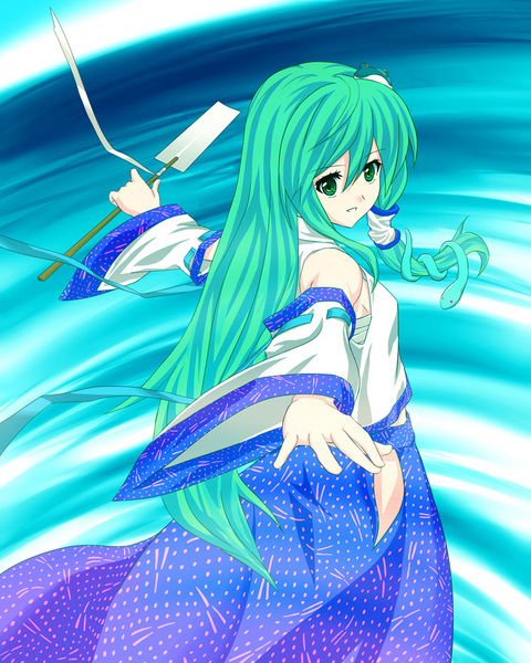 raide, kochiya sanae, touhou, 1girl, armpits, female focus, sarashi, solo, standing