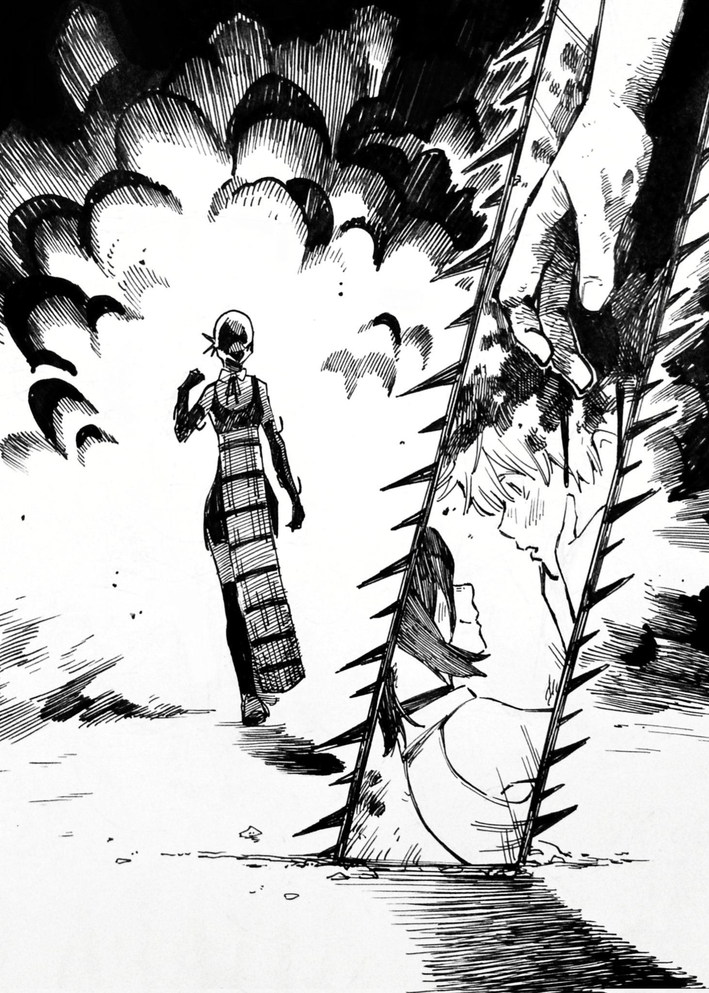 andony strawhat, bomb devil (chainsaw man), denji (chainsaw man), reze (chainsaw man), chainsaw man, highres, 1boy, 1girl, apron, blood, chainsaw, elbow gloves, explosion, gloves, greyscale, imminent fight, monochrome, neck ribbon, ribbon, shorts, thighhighs