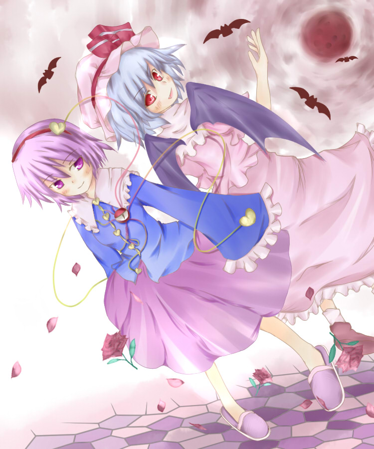 romi, komeiji satori, remilia scarlet, touhou, 2girls, bat (animal), bat wings, blue hair, blush, dress, eyeball, fang, female focus, flower, hat, hat ribbon, heart, multiple girls, open mouth, pink hair, purple eyes, red eyes, ribbon, rose, short hair, skirt, smile, third eye, wings