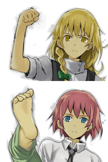 ogawa maiko, raide, kirisame marisa, tezuka rin, katawa shoujo, touhou, bad id, bad pixiv id, 2girls, barefoot, blonde hair, blue eyes, bow, braid, brown hair, clenched hand, crossover, feet, fist bump, hair bow, multiple girls, necktie, no headwear, parody, pink hair, raised fist, short hair, simple background, single braid, white background, yellow eyes