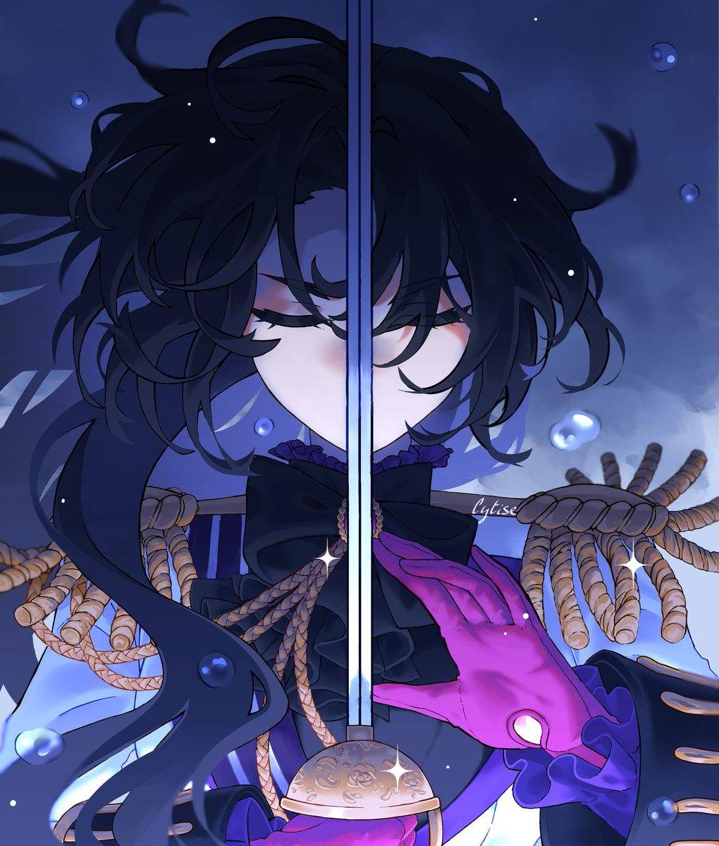 cytise, dominique de sade, vanitas no carte, highres, 1girl, black bow, black bowtie, black hair, blue background, bow, bowtie, closed eyes, epaulettes, facing viewer, floating hair, gloves, hands up, holding, holding sword, holding weapon, jacket, long hair, purple gloves, purple sash, sash, shoulder sash, solo, sword, sword in front of face, upper body, weapon, white jacket