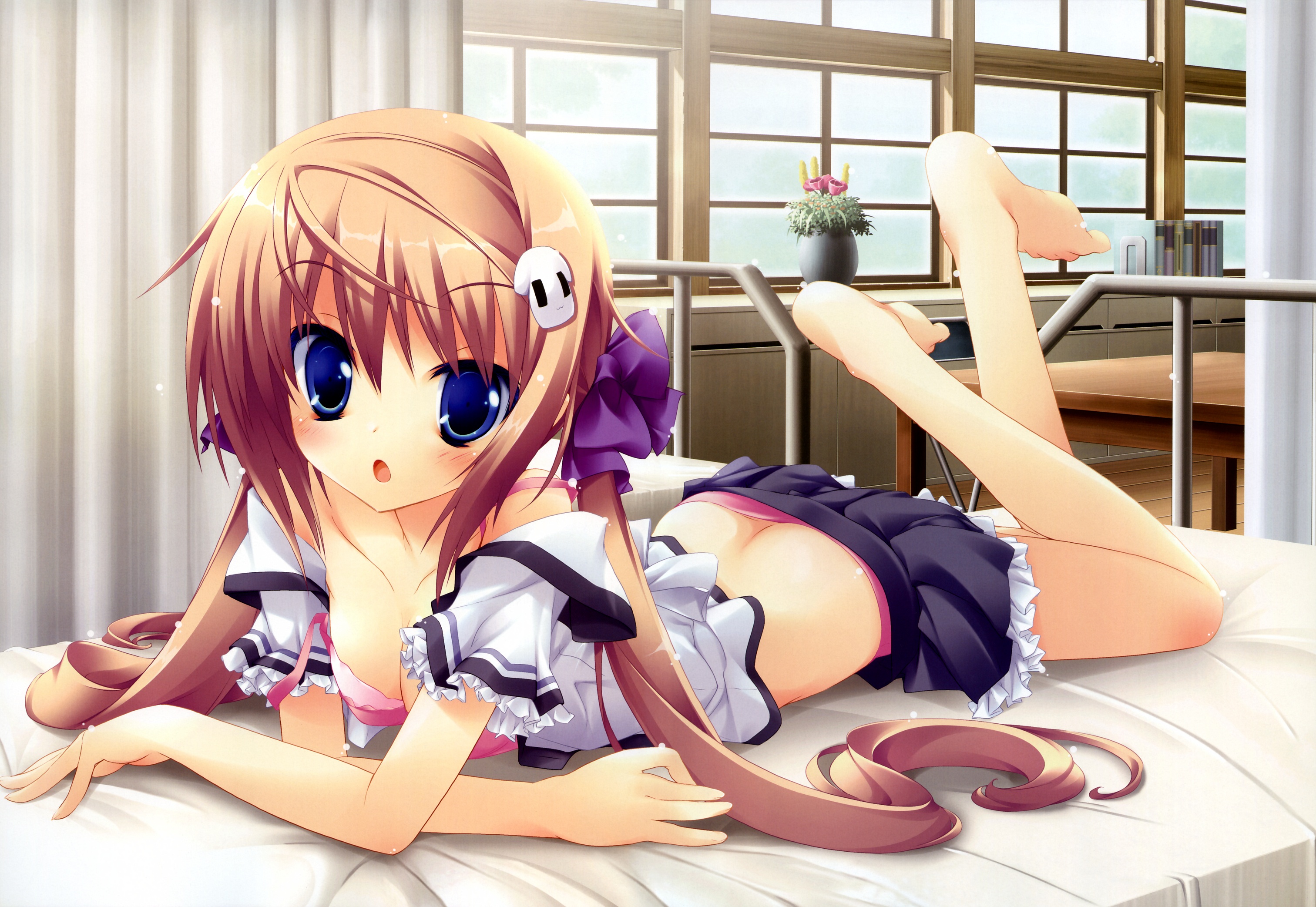 lucie, shinohara sera, koiiro soramoyou, highres, 1girl, ass, barefoot, blue eyes, blush, bra, breasts, brown hair, cleavage, feet, hair ornament, hair ribbon, hairclip, lingerie, long hair, lying, medium breasts, open clothes, open shirt, panties, pink bra, pink panties, plant, potted plant, ribbon, school uniform, shirt, twintails, underwear, window
