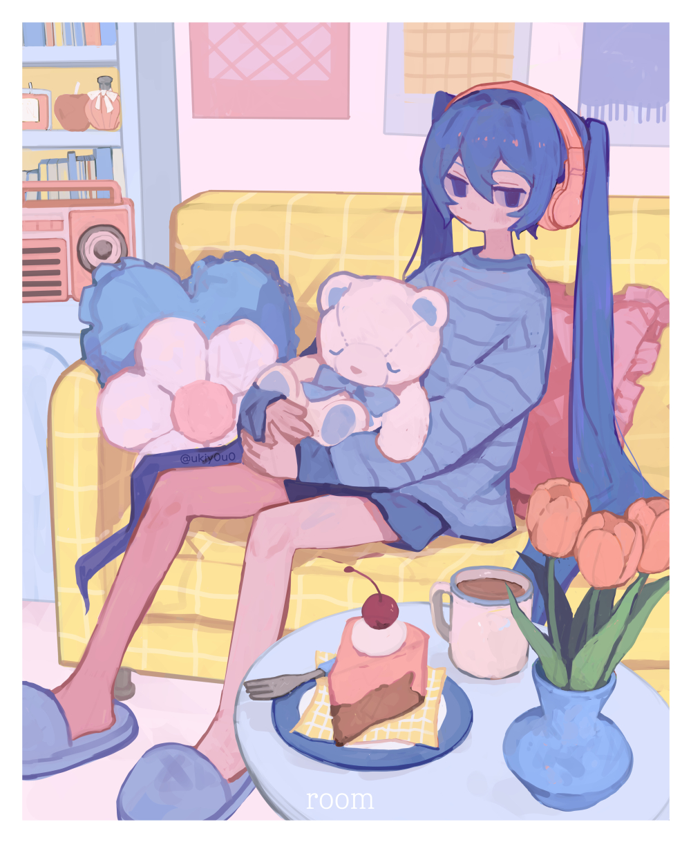 s1ho (ukiy0u0), hatsune miku, vocaloid, highres, 1girl, alternate costume, blue hair, border, cake, cake slice, couch, cup, flower, food, headphones, indoors, long hair, long sleeves, looking at viewer, mug, on couch, shirt, sitting, slippers, solo, striped clothes, striped shirt, stuffed animal, stuffed toy, teddy bear, twintails, vase, very long hair, white border