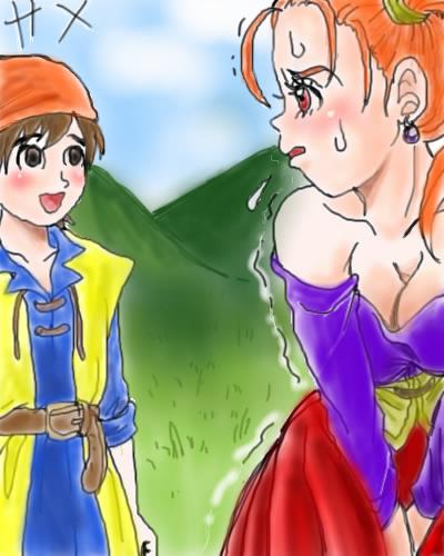 hero (dq8), jessica albert, dragon quest, dragon quest viii, square enix, lowres, 1boy, 1girl, bandana, blush, breasts, brown eyes, cleavage, dress, earrings, have to pee, jewelry, large breasts, red eyes, red hair, smile, sweat, trembling, twintails
