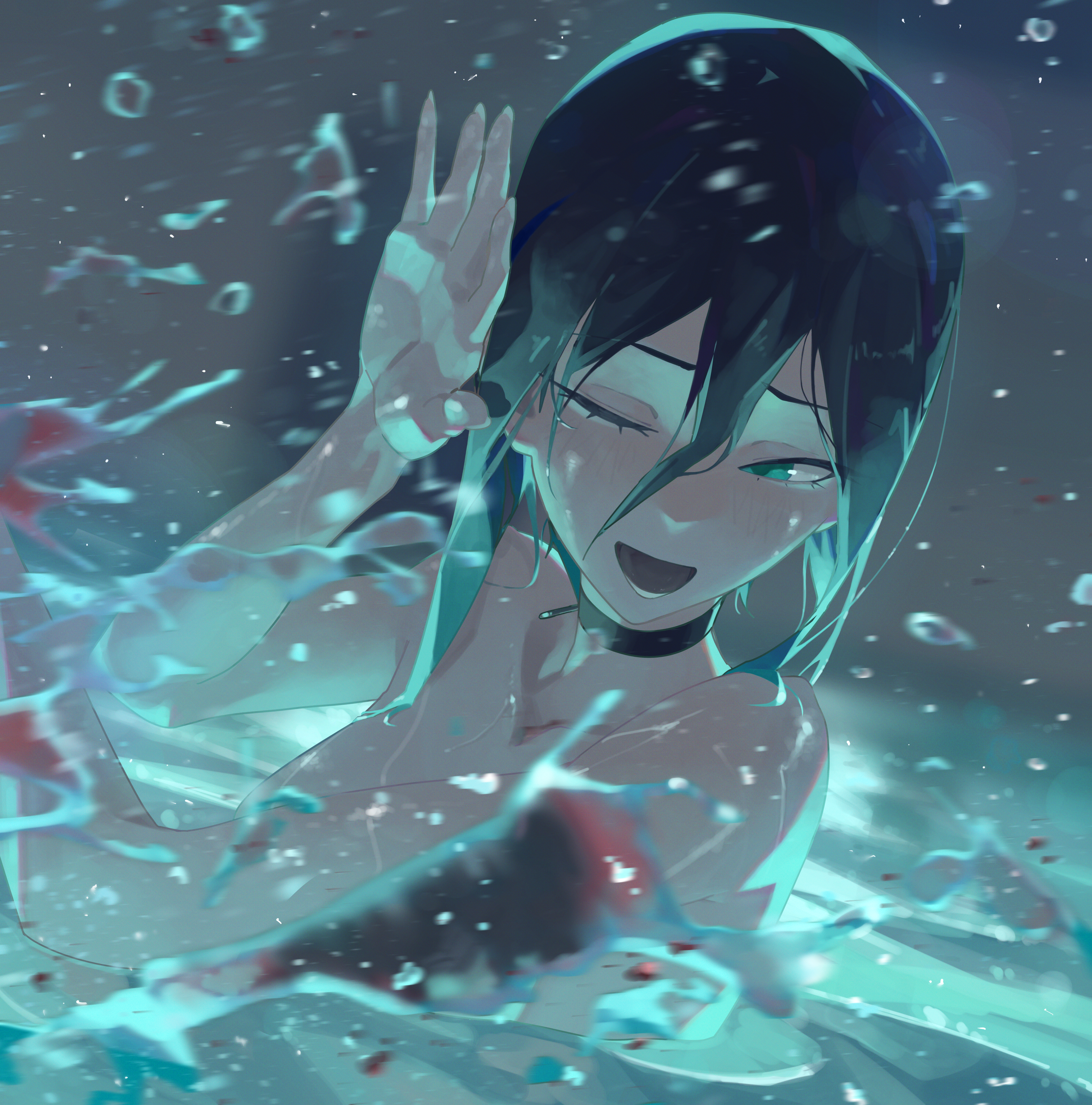 reze (chainsaw man), chainsaw man, absurdres, highres, 1girl, black choker, black hair, blood, choker, green eyes, grenade pin, hair between eyes, one eye closed, open mouth, partially submerged, pool, solo, splashing, takikomu0