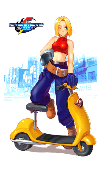 milktea (aoiexk), blue mary, fatal fury, snk, the king of fighters, the king of fighters 2001, vespa, archived source, commentary request, korean commentary, photoshop (medium), 1girl, baggy pants, bare arms, bare shoulders, belt, belt buckle, blonde hair, blue eyes, blue gloves, blue pants, blush, bob cut, breasts, brown belt, brown shoes, buckle, collared shirt, copyright name, crop top, cropped shirt, english text, full body, gloves, halterneck, hand on own hip, happy, helmet, holding, holding unworn helmet, large belt, looking to the side, loose belt, medium breasts, midriff, motor vehicle, motorcycle helmet, multiple belts, one eye closed, pants, parted bangs, photo background, red shirt, scooter, shadow, shirt, shoes, short hair, simple background, sleeveless, sleeveless shirt, smile, solo, split mouth, straight hair, tight clothes, tight shirt, unworn headwear, unworn helmet, wheel