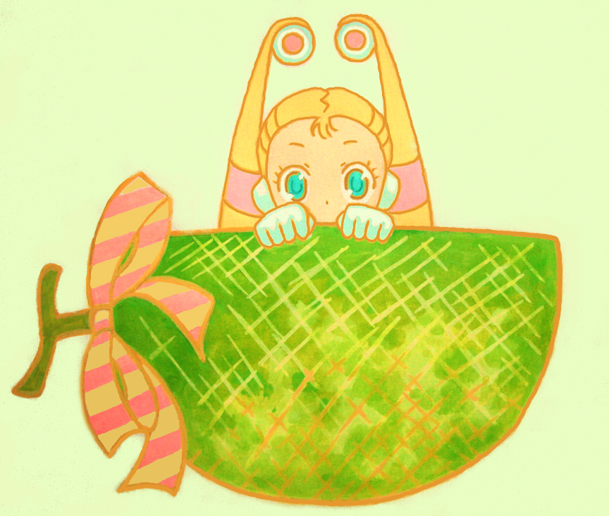 maikeru, pallette (mega man), capcom, mega man (series), mega man x (series), bad id, bad pixiv id, 1girl, blonde hair, blue eyes, female focus, food, fruit, hiding, melon, ribbon, short twintails, shy, solo, twintails