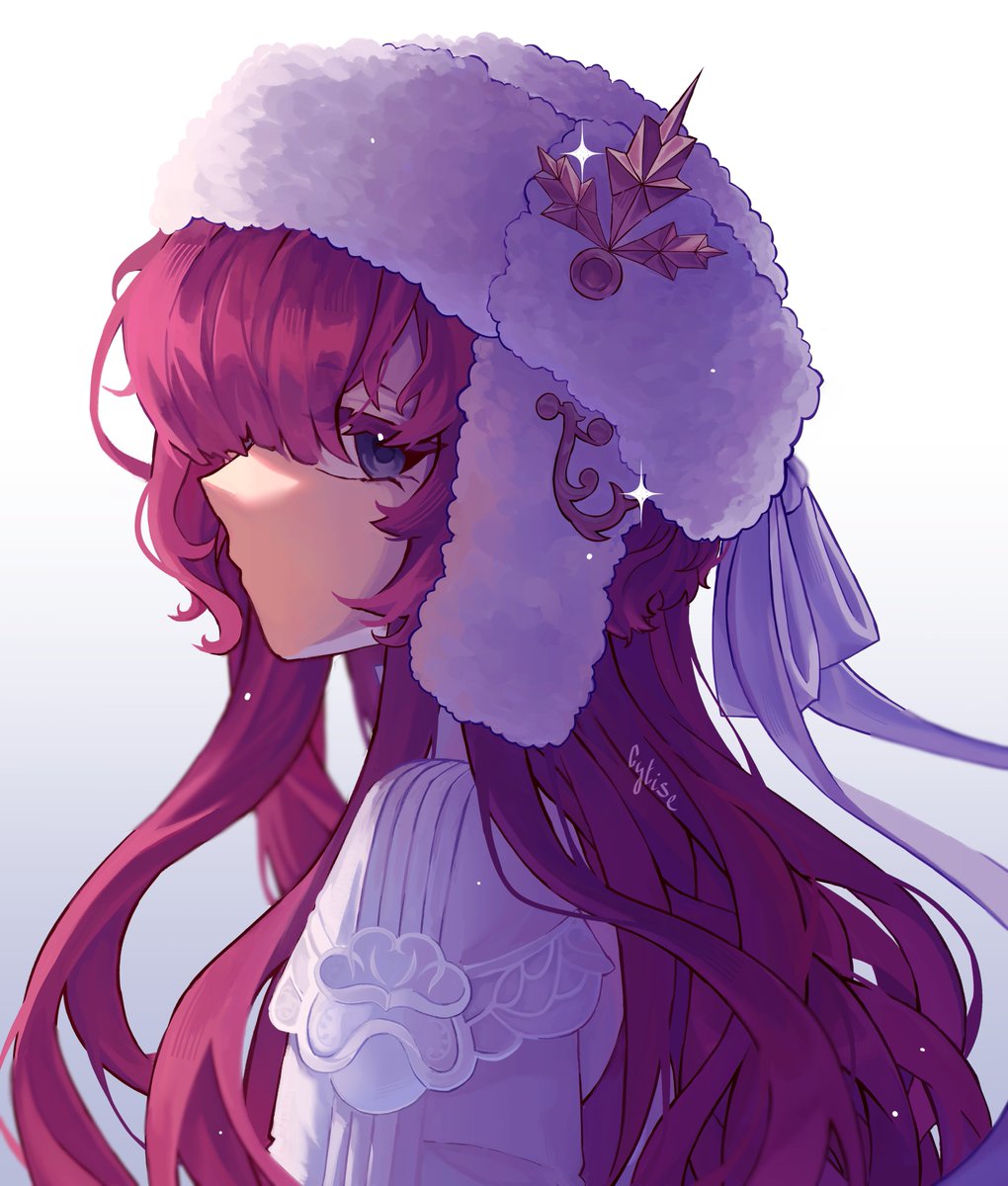 cytise, yenisei (reverse:1999), reverse:1999, highres, 1girl, backlighting, blue eyes, from side, gradient background, grey background, hat, long hair, looking at viewer, profile, red hair, shirt, solo, sparkle, upper body, ushanka, white background, white shirt