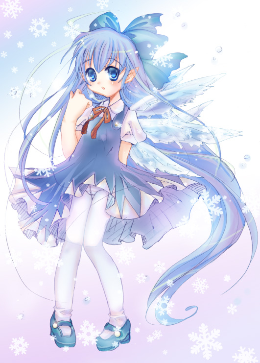 sakayaki (burning soul), cirno, embodiment of scarlet devil, touhou, bad id, bad pixiv id, 1girl, alternate hair length, alternate hairstyle, blue eyes, blue hair, crotch seam, female focus, long hair, matching hair/eyes, panties, panties under pantyhose, pantyhose, pointy ears, solo, underwear, very long hair, white pantyhose, wings