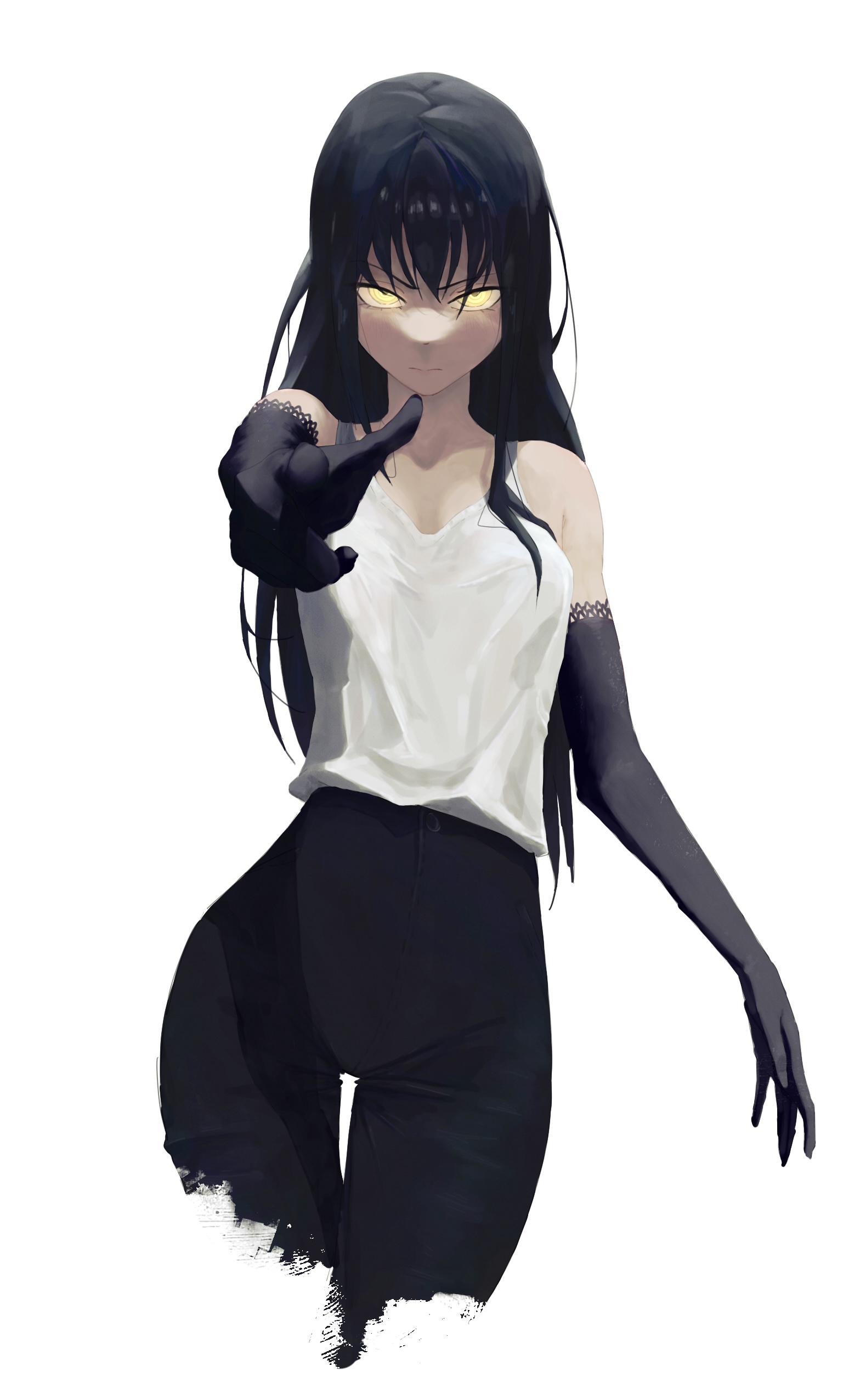 yoru (chainsaw man), chainsaw man, absurdres, commentary, english commentary, highres, 1girl, bare shoulders, black gloves, black hair, black pants, breasts, closed mouth, elbow gloves, gloves, glowing, glowing eyes, high-waist pants, long hair, looking at viewer, medium breasts, pants, pointing, pointing at viewer, ringed eyes, shirt, shirt tucked in, simple background, sleeveless, solo, takikomu0, tank top, white background, white tank top, yellow eyes