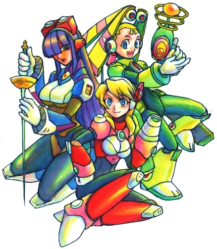 1014, alia (mega man), layer (mega man), pallette (mega man), capcom, mega man (series), mega man x (series), lowres, 3girls, arm cannon, blonde hair, blue eyes, boots, breasts, dark-skinned female, dark skin, energy gun, green boots, hair over eyes, hair over one eye, hime cut, knee boots, large breasts, long hair, mole, mole under eye, multiple girls, purple hair, rapier, ray gun, short twintails, sword, twintails, underboob, weapon, yellow eyes